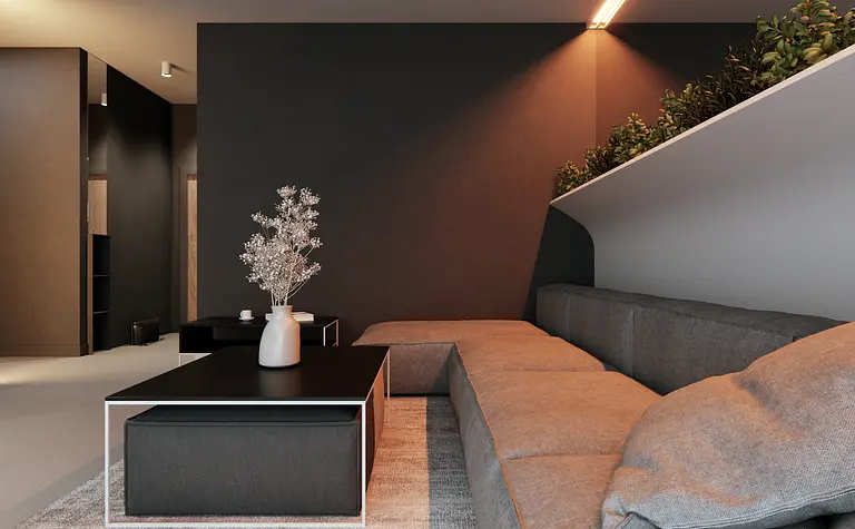 Wnętrze salonu w stylu eklektycznym, minimalistycznym i soft minimalizm z szarymi ścianami.