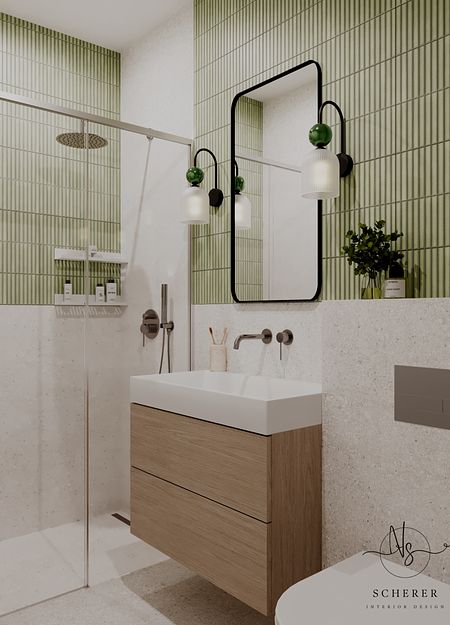 Nowoczesna łazienka w stylu art deco z zielonymi płytkami.