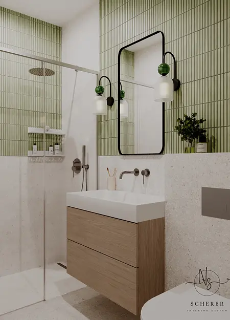 Nowoczesna łazienka w stylu art deco z zielonymi płytkami.