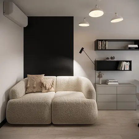 Wnętrze salonu z jasną sofą i czarną ścianą, eklektyczny, glamour, minimalistyczny, nowoczesny.