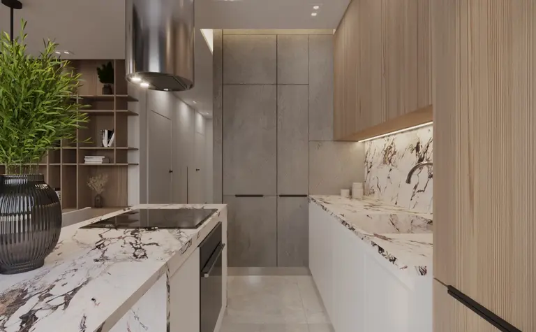 Nowoczesna kuchnia z marmurowym blatem, drewnianymi elementami, w stylu glamour i quiet luxury.