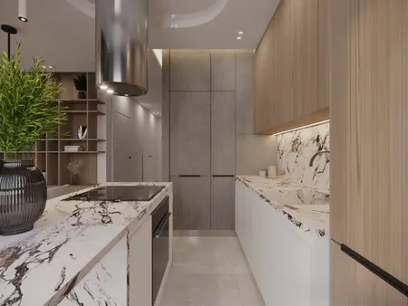 Nowoczesna kuchnia z marmurowym blatem, drewnianymi elementami, w stylu glamour i quiet luxury.