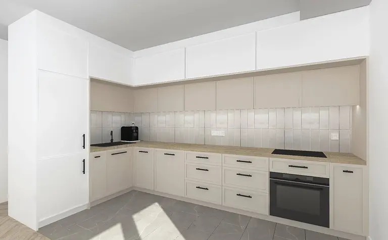 Wnętrze kuchni w stylu boho i minimalistycznym z beżowymi meblami.