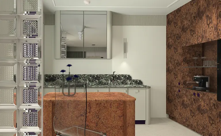 Wnętrze nowoczesnej kuchni z marmurowym blatem i drewnianymi meblami.