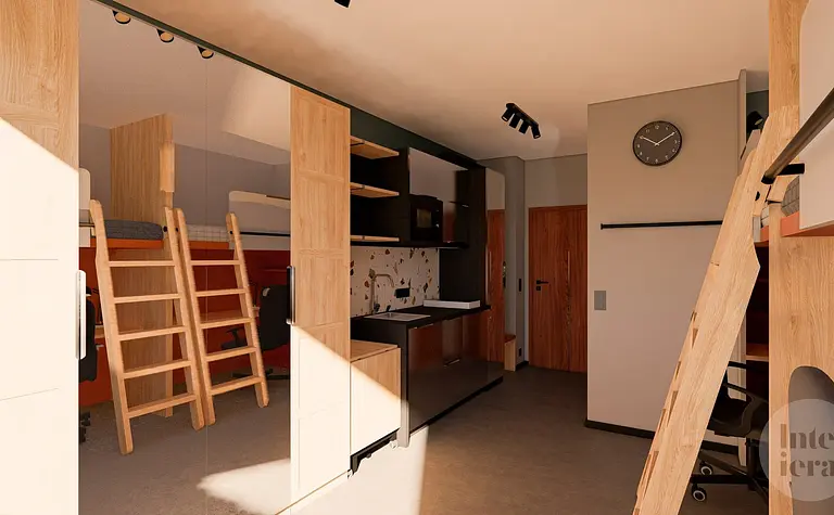 Wnętrze pokoju z minimalistycznym designem, nowoczesnymi meblami i współczesnymi detalami.