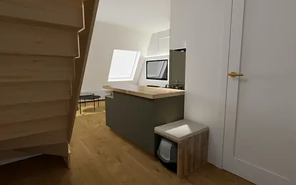 Kuchnia w stylu boho z drewnianymi elementami i eklektycznymi akcentami.