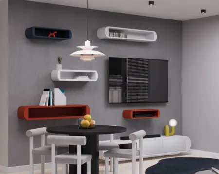 Eklektyczne i minimalistyczne wnętrze salonu z nowoczesną lampą i telewizorem.