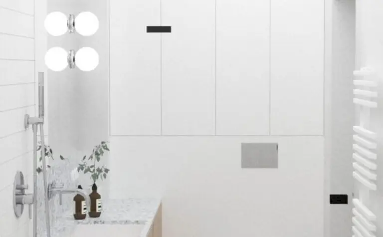 Stylowa łazienka w skandynawskim designie z drewnianymi akcentami i nowoczesnymi detalami.