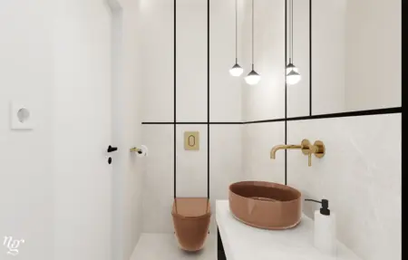 Nowoczesna łazienka z brązową umywalką i złotymi detalami, minimalistyczny design.
