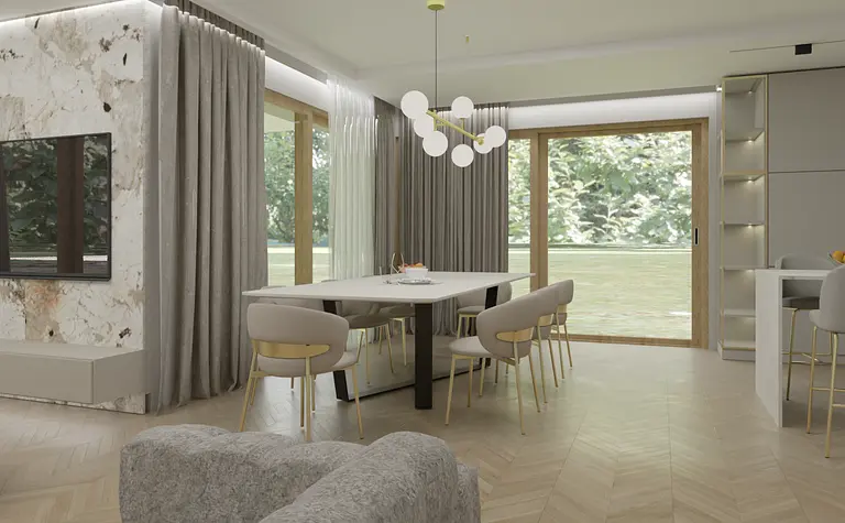 Wnętrze jadalni w stylu nowoczesnym z miękkim minimalizmem, z drewnianym stołem i szarymi krzesłami.