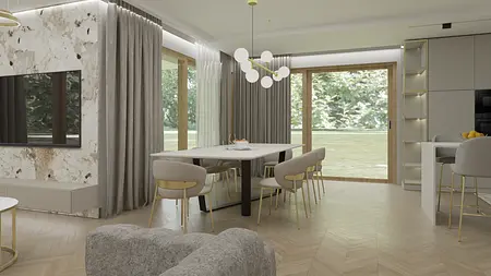 Wnętrze jadalni w stylu nowoczesnym z miękkim minimalizmem, z drewnianym stołem i szarymi krzesłami.