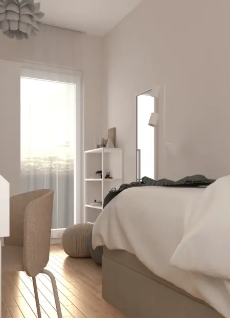 Wnętrze sypialni z minimalistycznym wystrojem, jasnymi ścianami i drewnianą podłogą.