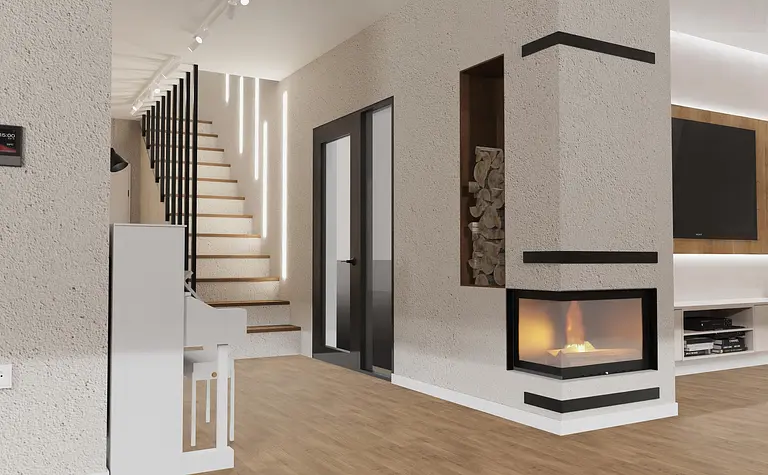 Nowoczesne wnętrze z białym fortepianem i kominkiem.