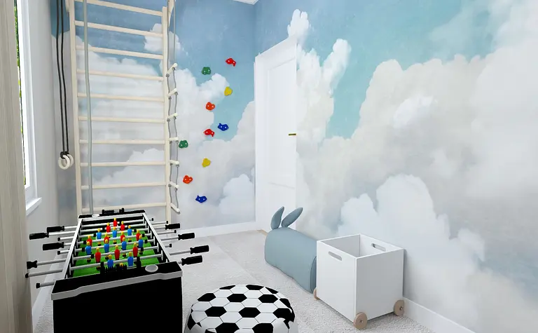 Pokój dziecięcy z chmurami na ścianach, drabinką i zabawkami, projekt w stylu glamour i współczesnym.