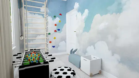 Pokój dziecięcy z chmurami na ścianach, drabinką i zabawkami, projekt w stylu glamour i współczesnym.