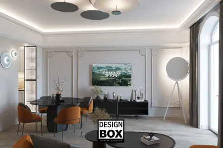 Eleganckie wnętrze salonu w stylu eklektycznym z okrągłym stołem, sofą i nowoczesnymi akcentami.