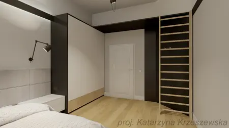 Wnętrze sypialni z białym łóżkiem i nowoczesną szafą