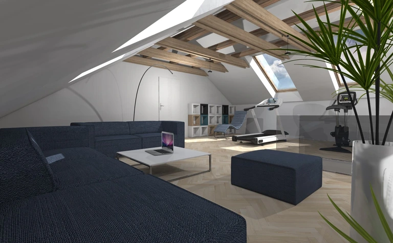 Wnętrze poddasza z niebieską sofą, drewnianymi akcentami i roślinami, styl dopamine decor, industrialny, nowoczesny, współczesny.