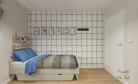 Wnętrze pokoju z łóżkiem, niebieskimi poduszkami i dekoracjami na ścianie