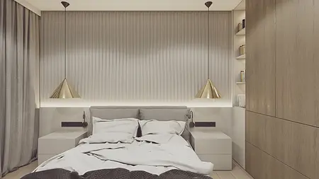 Wnętrze sypialni z szarymi ścianami, minimaluxe oświetleniem i nowoczesnym meblami.