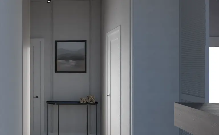 Przedpokój w stylu soft minimalizm, współczesny z jasnymi ścianami i drewnianą podłogą.