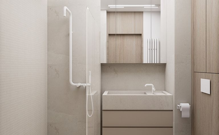 Nowoczesna łazienka w stylu japandi z minimalistycznymi meblami i jasnymi tonami.