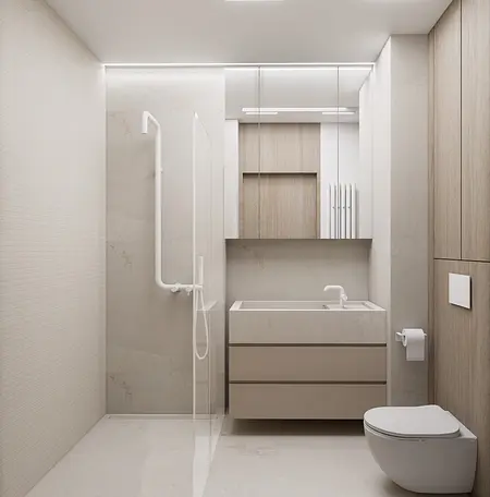 Nowoczesna łazienka w stylu japandi z minimalistycznymi meblami i jasnymi tonami.