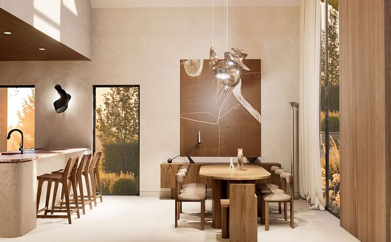 Wnętrze jadalni z rustykalnym stołem, boho elementami, nowoczesnymi akcentami i dużymi oknami.