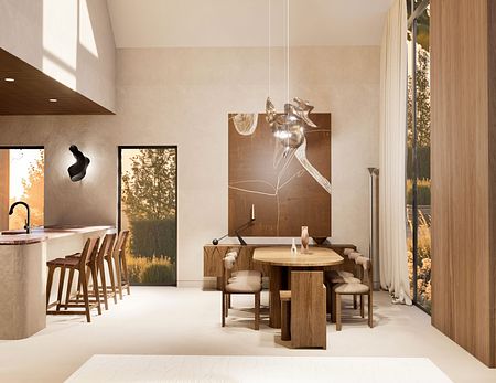 Wnętrze jadalni z rustykalnym stołem, boho elementami, nowoczesnymi akcentami i dużymi oknami.