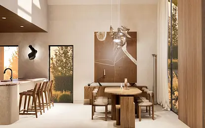 Wnętrze jadalni z rustykalnym stołem, boho elementami, nowoczesnymi akcentami i dużymi oknami.