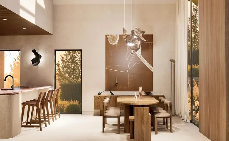 Wnętrze jadalni z rustykalnym stołem, boho elementami, nowoczesnymi akcentami i dużymi oknami.