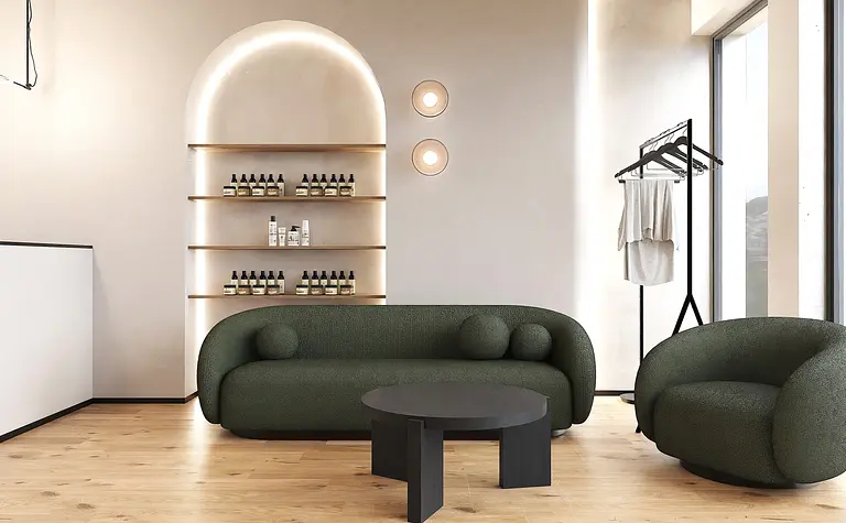 Salon w stylu boho i japandi z zielonymi meblami i drewnianym wykończeniem.