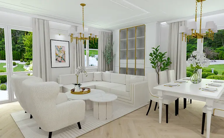 Wnętrze salonu w stylu glamour i współczesnym, z białymi meblami i dużymi oknami.