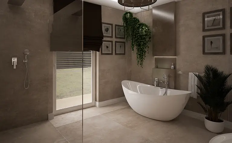 Nowoczesna łazienka z białą wanną, szarymi ścianami i roślinami, styl glamour i quiet luxury.