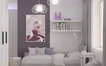 Wnętrze pokoju dziecięcego w stylu japandi i minimalistycznym z szarym łóżkiem.
