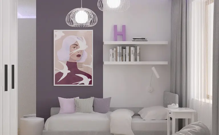 Wnętrze pokoju dziecięcego w stylu japandi i minimalistycznym z szarym łóżkiem.