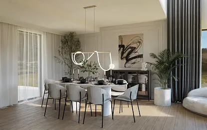 Nowoczesna jadalnia z designerskim żyrandolem, dużym stołem jadalnianym, eleganckimi krzesłami, roślinami w doniczkach oraz dużymi oknami wpuszczającymi naturalne światło