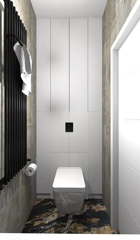 Wnętrze toalety z białym WC, szarymi ścianami i nowoczesnym grzejnikiem.