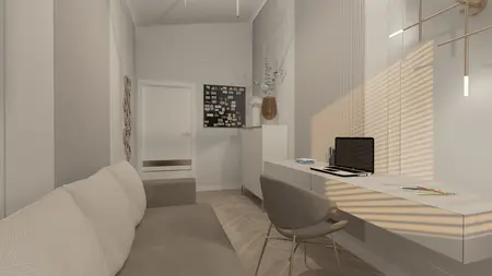 Wnętrze gabinetu z biurkiem, szaro-beżową sofą i dekoracjami glamour