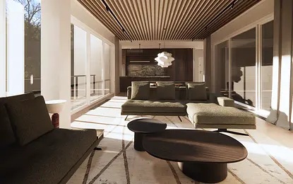Wnętrze salonu z zielonymi kanapami, drewnianymi detalami i dużymi oknami. Minimaluxe, quiet luxury, soft minimalizm, współczesny.