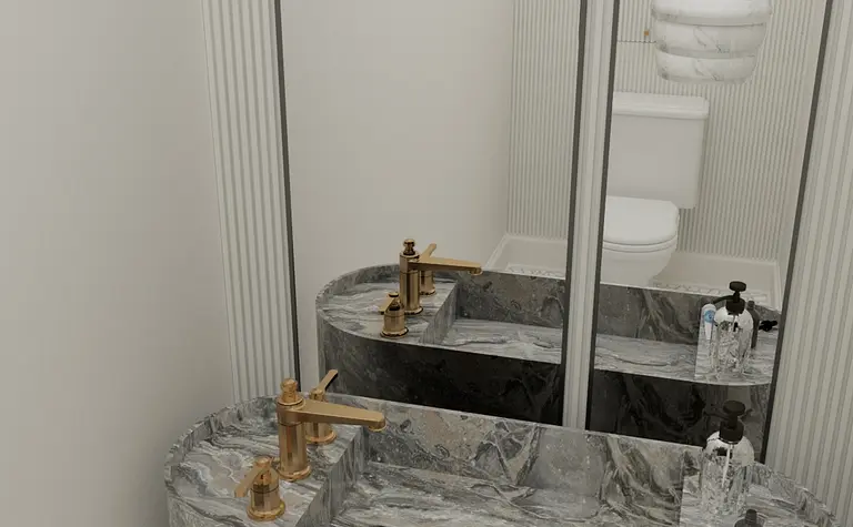 Nowoczesna łazienka z marmurową umywalką w stylu art deco, minimaluxe i quiet luxury.