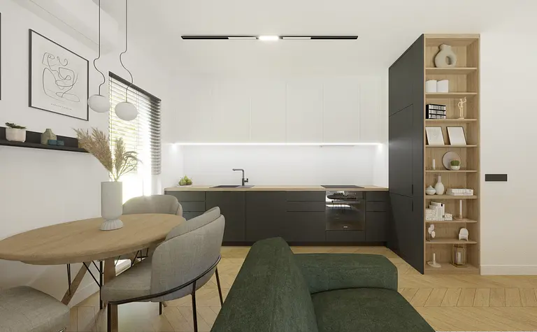Wnętrze kuchni w stylu industrialnym i minimalistycznym z nowoczesnymi akcentami.