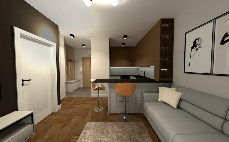 Współczesne wnętrze kuchni z szarymi meblami i drewnianą podłogą