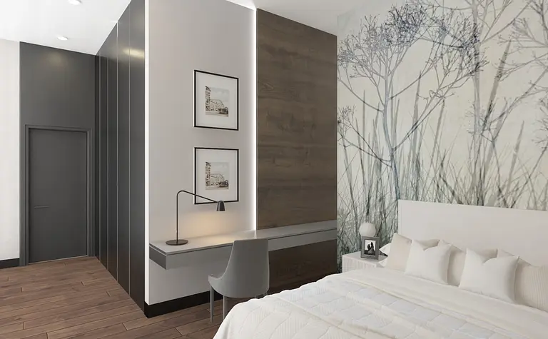 Wnętrze sypialni w stylu eklektycznym z glamour i quiet luxury, z szarymi ścianami i drewnianym wykończeniem.