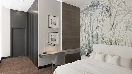 Wnętrze sypialni w stylu eklektycznym z glamour i quiet luxury, z szarymi ścianami i drewnianym wykończeniem.