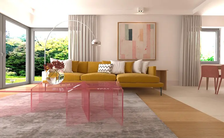 Wnętrze salonu z żółtą sofą, różowym stolikiem, eklektycznymi dodatkami, minimalistycznymi elementami.