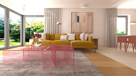 Wnętrze salonu z żółtą sofą, różowym stolikiem, eklektycznymi dodatkami, minimalistycznymi elementami.