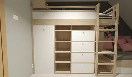 Wnętrze pokoju dziecięcego z łóżkiem, szafką i półkami.