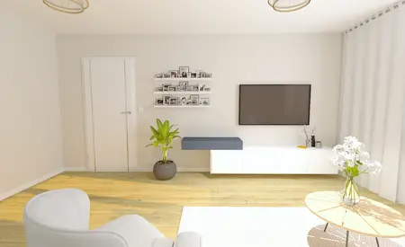Współczesny salon z białą szafką, telewizorem i rośliną.