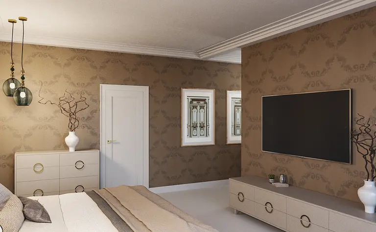 Wnętrze sypialni z beżowymi meblami, brązową tapetą, styl glamour i nowoczesny.
